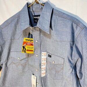 Vintage NWT The Wrangler Pearl Snap Mens Blue Cowboy Cut Short Sleeve Work Shirt